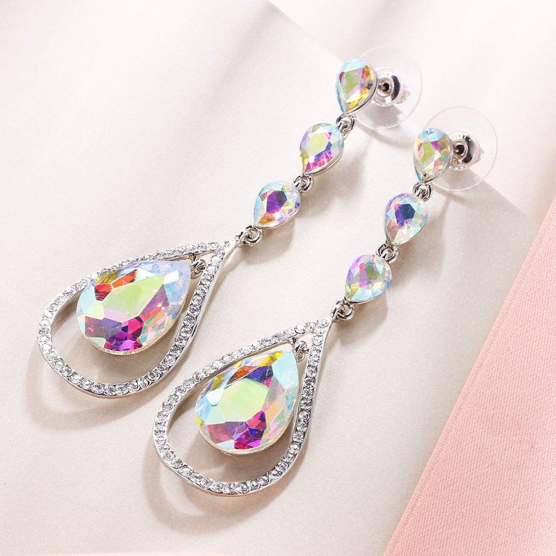 EVER FAITH Crystal Bridal Hollow-out Teardrop Pierced Dangle Earrings Iridescent Clear AB Silver-Tone - Image 4